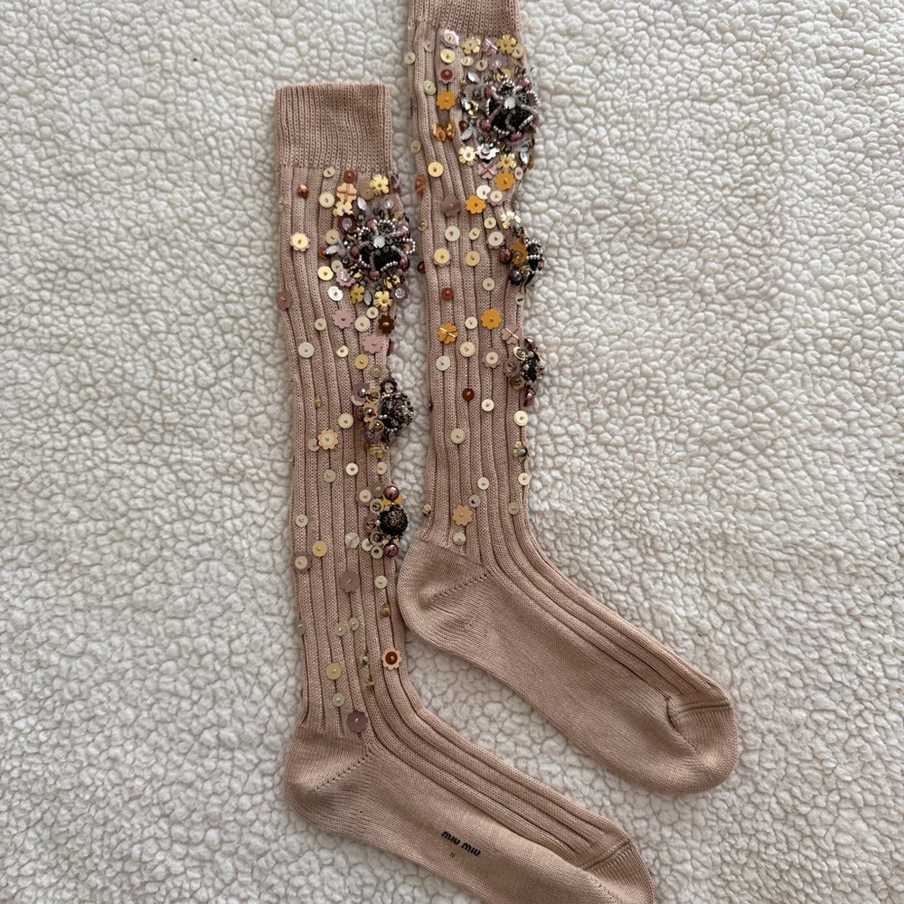 Miu Miu Sparkling Tan Knee-High Socks - Picture 3 of 11
